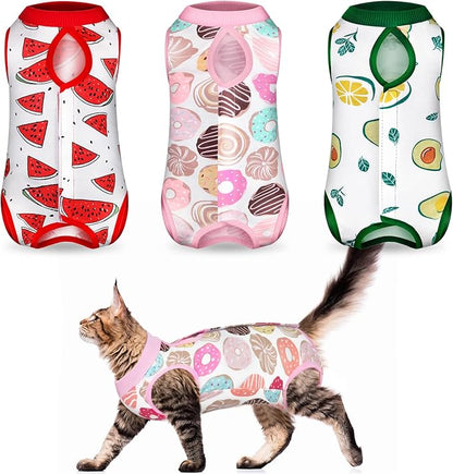 Nuanchu 3 Pieces Cat Recovery Suit Kitten Recovery Suit E-Collar Alternative for Cats and Dogs Abdominal Skin Anti Licking Pajama Clothes Sets(Medium,Watermelon Style,Colorful)