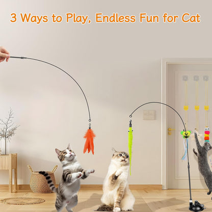 Cat Wand Toy, Interactive Kitten Feather Toys Self Play, Cat Teaser for Indoor Cats Reusable Suction Cup Toys for Indoor Cats Kittens Play Exercise