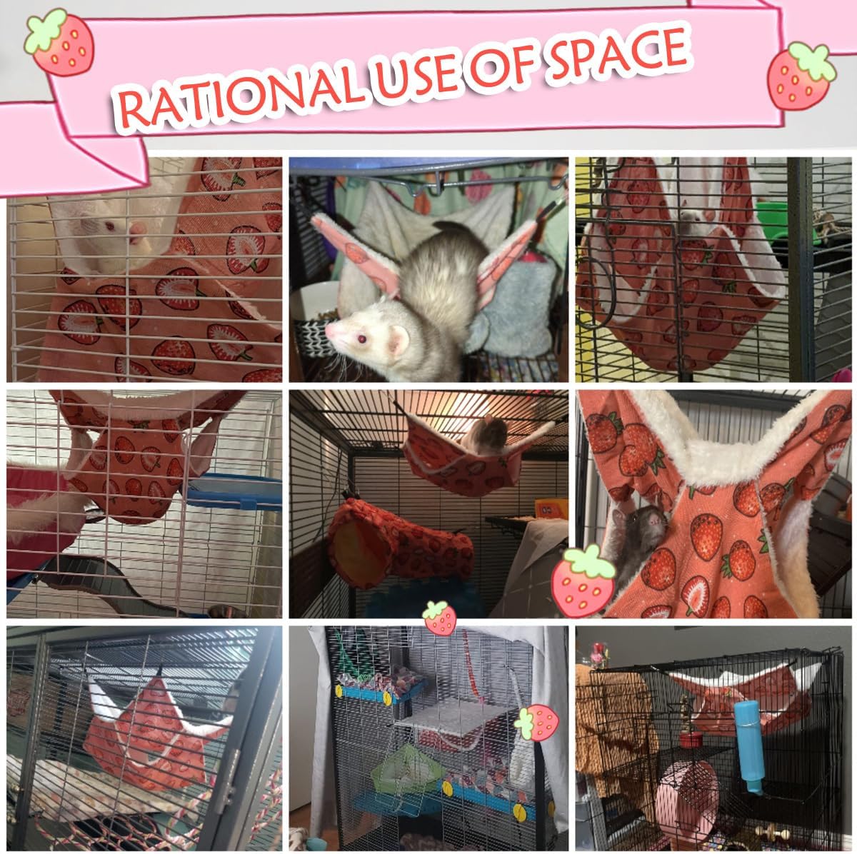 LEFTSTARER Rat Ferret Hammock Toy and Cage Accessories for Guinea Pig Hamster Rat Sugar Glider Ferret Parrot to Hide Sleep Play (Strawberry)