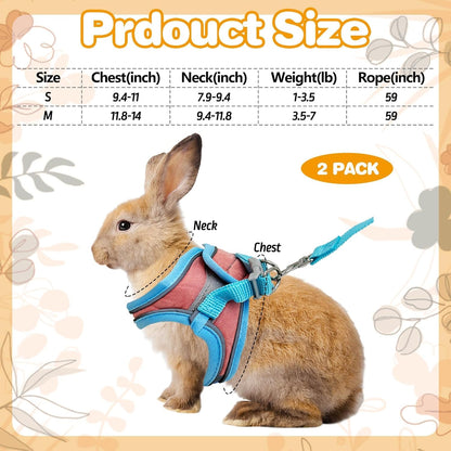 PINVNBY 2 Pack Bunny Hsrness and Leash Set Adjustable Rabbit Harness with Reflective Strips Double Buckle Pet Vest Eescape Proof for Small Rabbit Kitten Puppy Walks Accessories (Blue Pink, S)