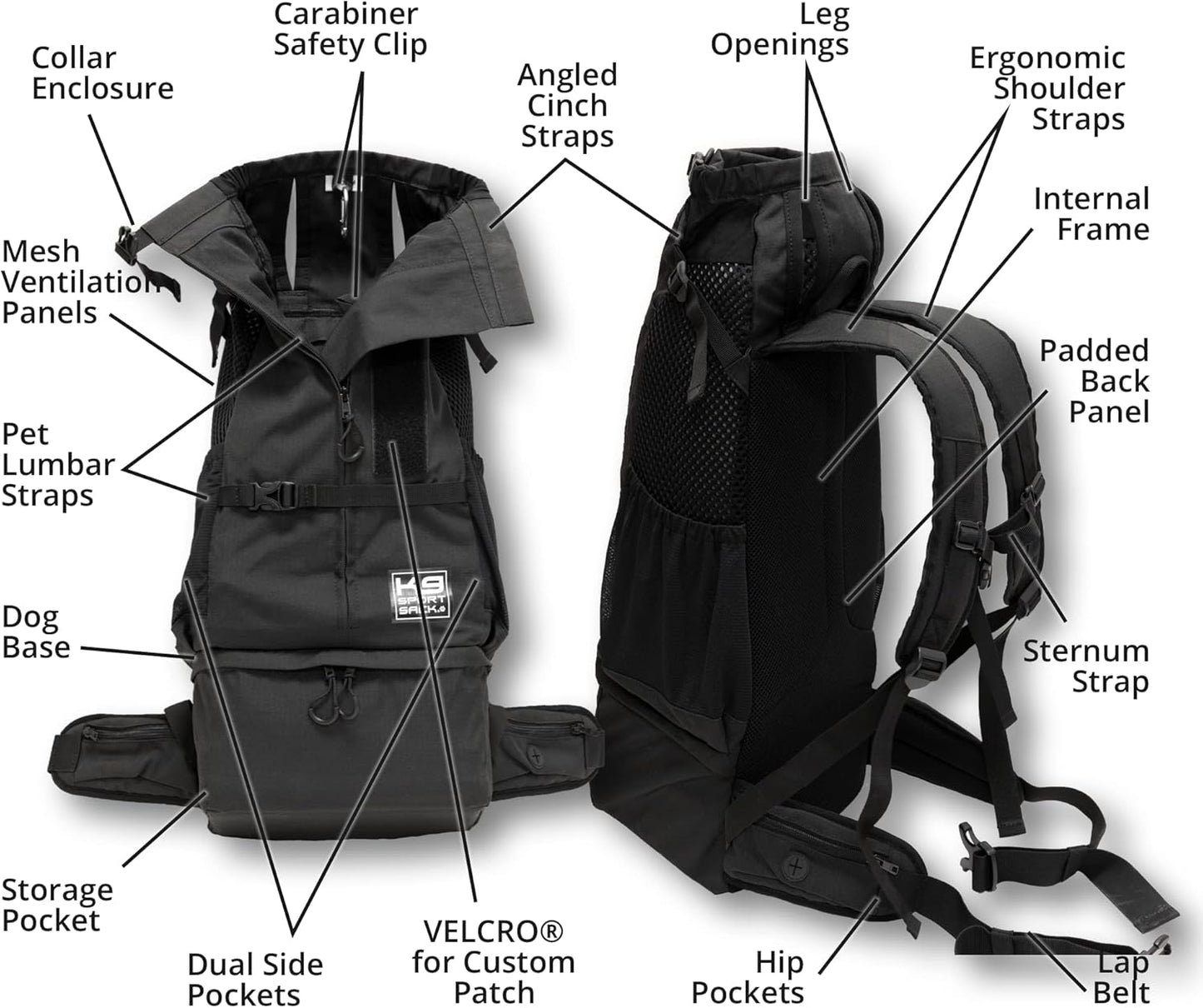 K9 Sport Sack Knavigate - X-Small, Midnight Black - Ideal for Dogs with 9-12” Back Length - Adjustable, Backpack-Style Carrier with Internal Frame & Padded Hip Belt