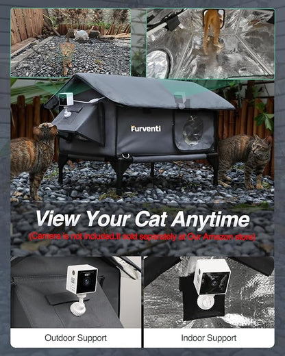 Heated Cat House for Outside,Extremely Weatherproof&Insulated in Winter,Elevated Outdoor Cat Shelter with Waterproof Eaves&Escape Door for Feral Stray Barn Cats(Dark Grey,M)
