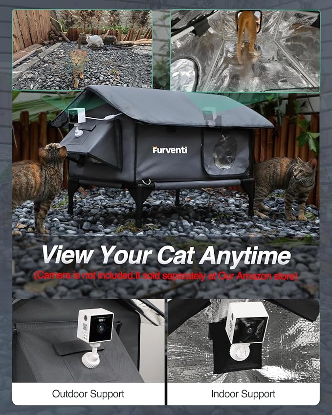 Heated Cat House for Outside,Extremely Weatherproof&Insulated in Winter,Elevated Outdoor Cat Shelter with Waterproof Eaves&Escape Door for Feral Stray Barn Cats(Dark Grey,S)