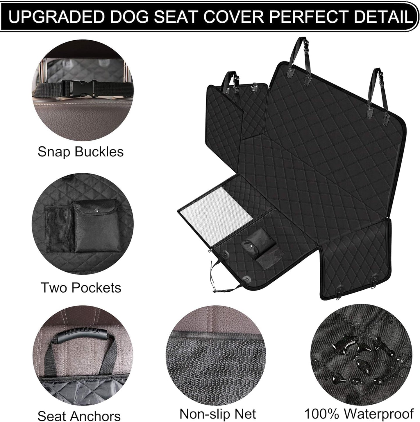 Femuar Dog Car Seat Cover, Waterproof Nonslip Pet Seat Cover for Back Seat with Storage Pockets Mesh Visual Window, Scratch Proof Pet Dog Seat Cover Hammock for Cars Trucks and SUVs, XL-Black