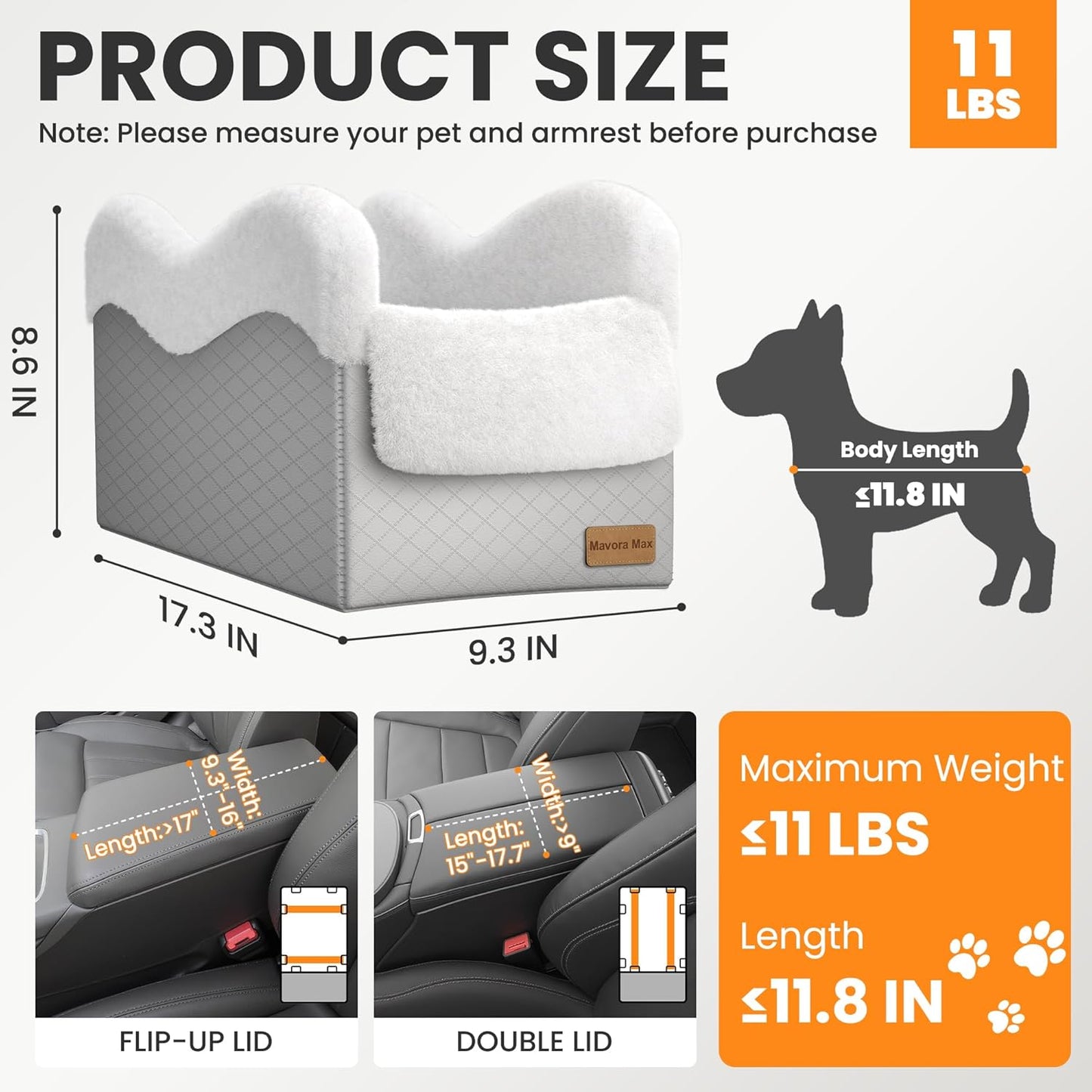 Portable Small Dog Seat for Car, Luxury Center Console Dog Car Seat Booster with Safety Tethers, Auti-Collapse Pet Travel Carseat for SUV, Truck (Light Grey/White)