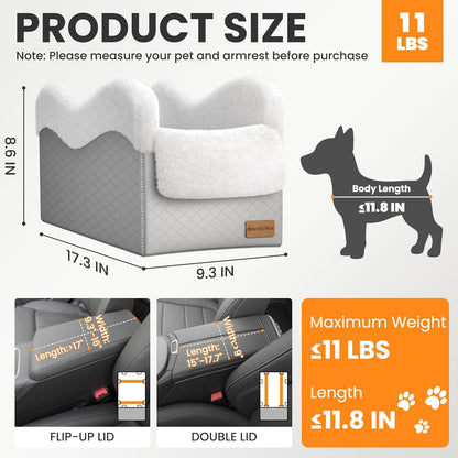 Portable Small Dog Seat for Car, Luxury Center Console Dog Car Seat Booster with Safety Tethers, Auti-Collapse Pet Travel Carseat for SUV, Truck (Light Grey/White)