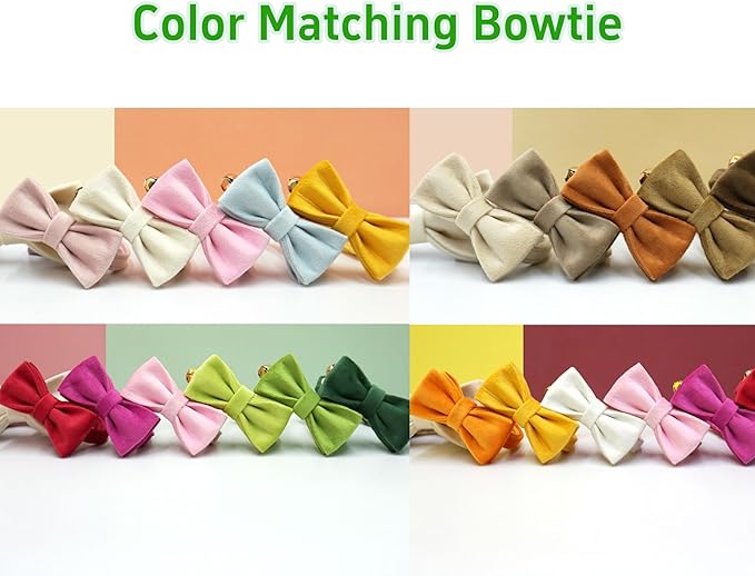 Personalized Colorful Velvet Cat Collar, Optional Bowtie, Custom Engraved Collar for Small Large Cat Kitten (Light Gold Buckle)