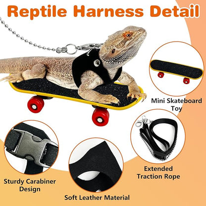 PINVNBY 3 Size Bearded Dragon Harness and Leash Set Adjustable Soft Leather Lizard Leash with Traction Rope Mini Skateboard Toy for Small Animal Reptile Reptile Walking Outdoor Adventures (Black)