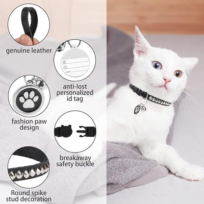 Leather Personalized Breakaway Cat Collar with Studded Bell and Safety Quick Release Buckle - Rivets Studded ID DIY Collars for Boy Girl Cats Kittens, 9" - 11.5" Black