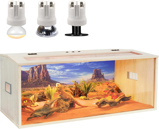 Prolee Reptile Terrarium, Lizard Tank Up to 68 Gallons, Bearded Dragon Tank with Roof Door, Snake Tank with Built-in Lamp Fixture and Switch (78 Gallon, 48" Long, Openable Wood Roof)