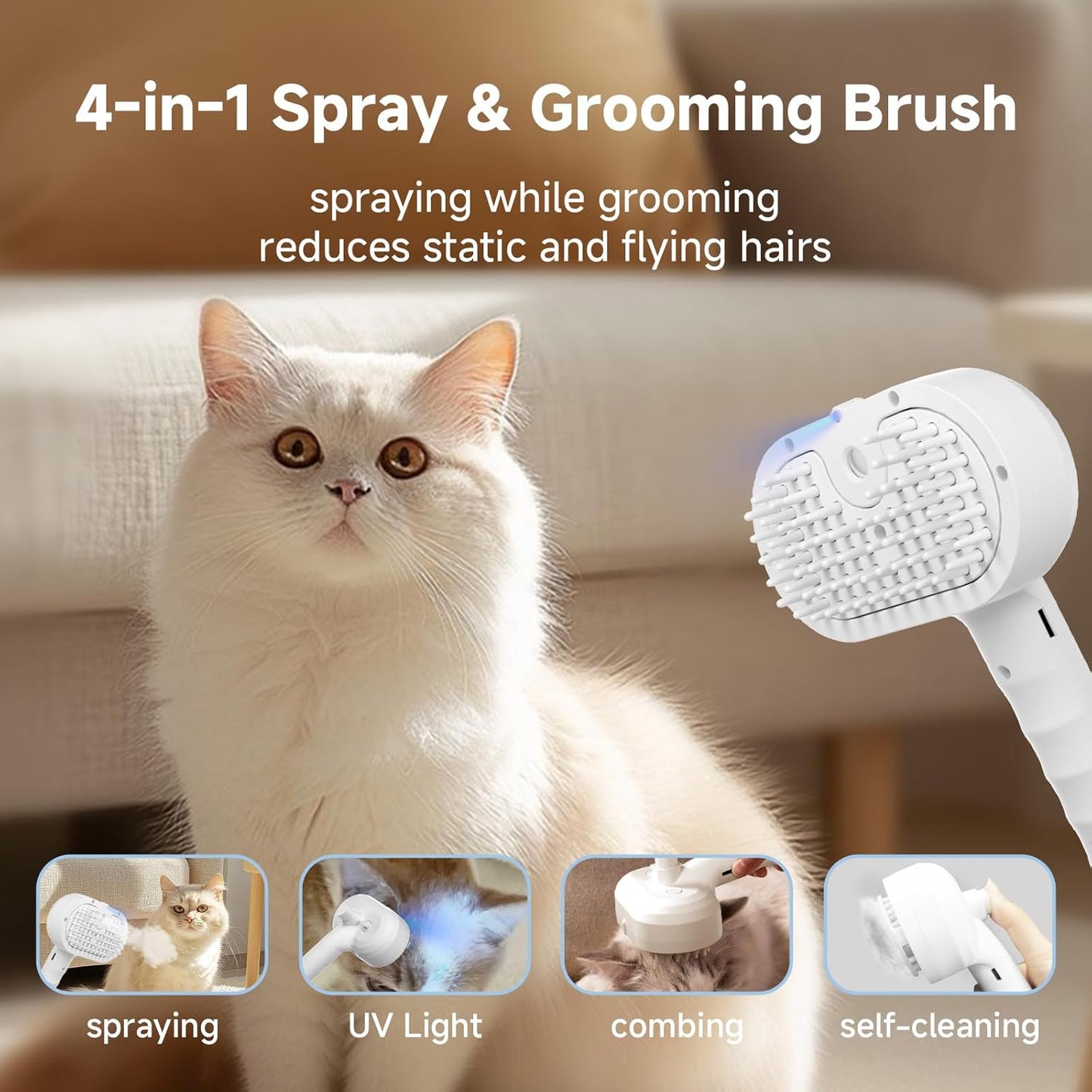 REIKIYA Cat Steam Brush,4-in-1 Spray Hair Removal Dog Brush for Shedding & Grooming with UV Light, Anti-Static Pet Spray Comb with One-Click Release Button