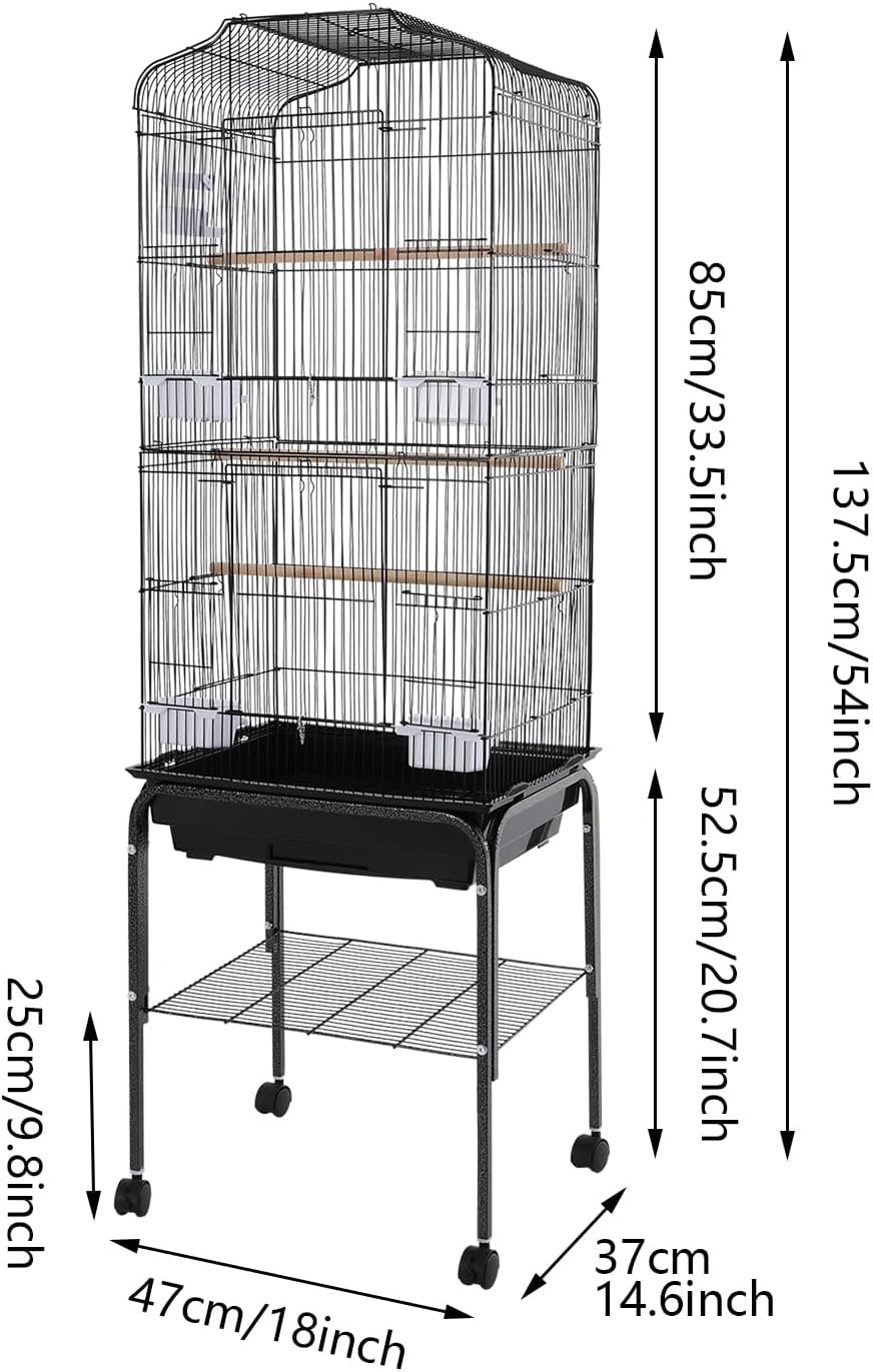 Extra Large Bird Cage, 54" Rolling Breeding Flight Bird Cages w/ 360° Wheels, Open Play Top Bird Cage with Detechable Stand for Parrots, Caiques, Macaw (Black)
