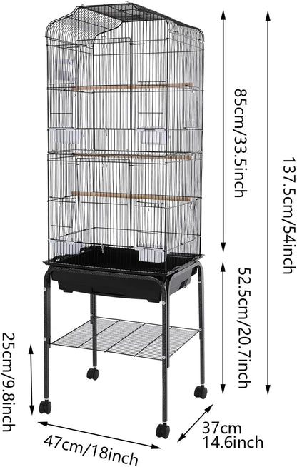 Extra Large Bird Cage, 54" Rolling Breeding Flight Bird Cages w/ 360° Wheels, Open Play Top Bird Cage with Detechable Stand for Parrots, Caiques, Macaw (Black)