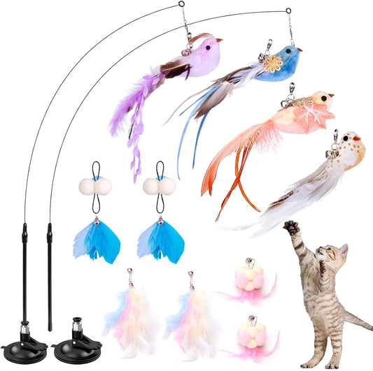 Cat Toys Wand, Interactive Cat Toy with Super Suction Cup Sticky Detachable 12 PCS Feather Replacements 2 Wands Cat Spring Feather Toys for Indoor Cats Kitten Toys (4 Birds Replacements)