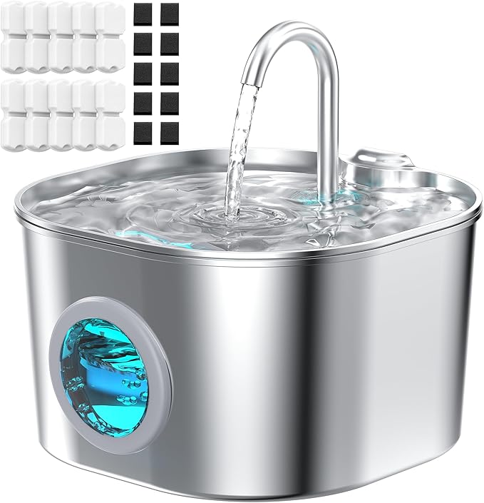 Cat Water Fountain with 10 Filters + 10 Sponges,Pet Fountains Cats Automatic Waterer Bowls for Drinking Small Dog Water Dispenser Indoor Metal Pets Water Faucet Bottle Kitty Watering Supplies
