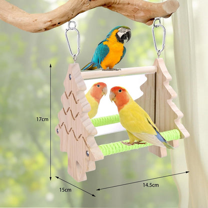 Small Bird Mirror Parrot Swing,Bird Stand Perch Toy,Double Sided Mirror Swing with Chew Flower Perch Safe Parakeet Budgie Cockatiel Cage Accessories for Biting Anxiety.