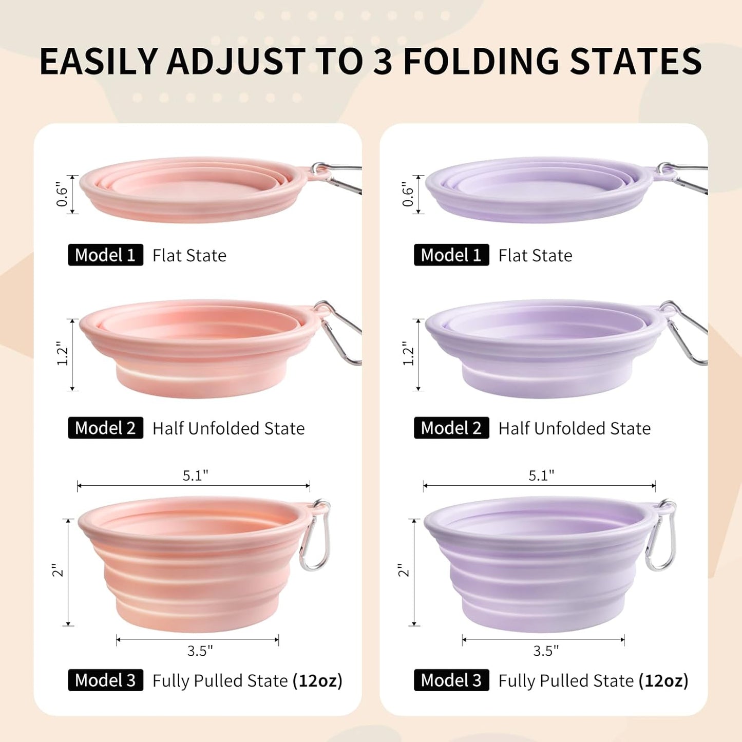 Collapsible Dog Bowls 2-Pack, Portable Travel Dog Bowl with Carabiner, Food-Grade Silicone Pet Bowl for Hiking, Walking (Macaron Pink and Violet)