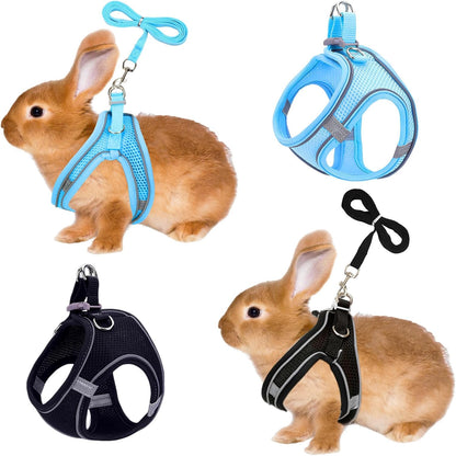 2 Pack Rabbit Harness and Leash Set, Double Buckle Bunnies Harness with Reflective Strips Soft Breathable Mesh Vest Harness for Rabbits Walks Accessories(Blue and Black)