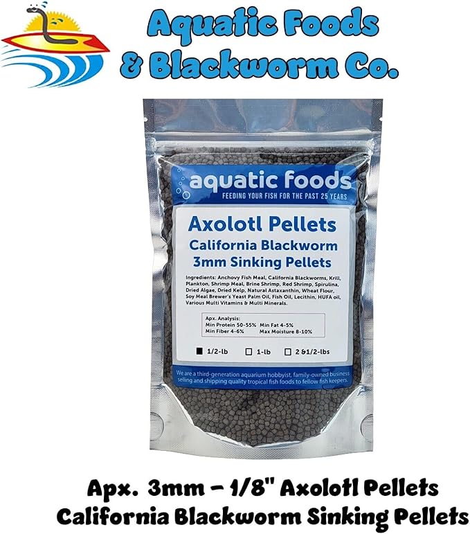 Aquatic Foods Inc. Axolotl Blackworm Pellets. 3mm-1/8 Sinking California Blackworm Medium Pellets for Medium/Large Axolotl, Frogs, Shrimp, Salamanders, Newts, Snails…1/2-lb Pouch Bag