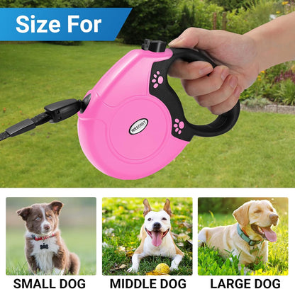 Retractable Dog Leash, 26 Ft Heavy Duty Pet Walking Leash for Small Medium Large Dogs up to 99lbs, Anti-Slip Handle, 360 ° No Tangle, Nylon Tape, One-Handed Brake (Pink)