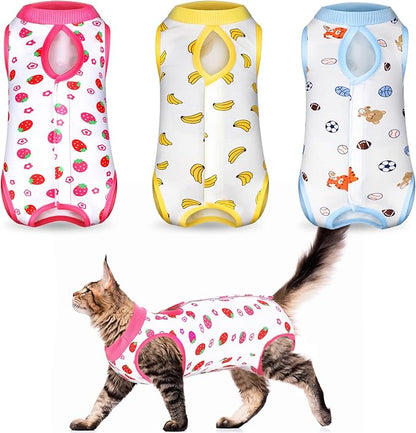Nuanchu 3 Pieces Cat Recovery Suit Kitten Recovery Suit E-Collar Alternative for Cats and Dogs Abdominal Skin Anti Licking Pajama Clothes Sets(Medium,Strawberry Style,Colorful)