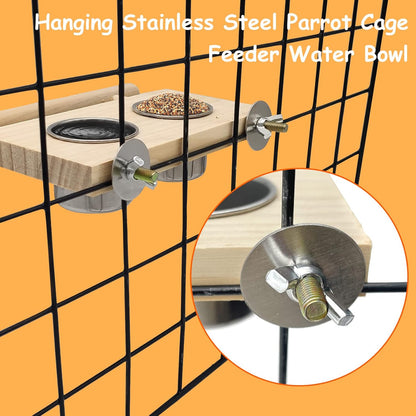 Tfwadmx Bird Food Stainless Steel Cups Wooden Perch Stand Hanging Feeder Bowls Feeding and Watering Supplies for Parakeets Conures Cockatiels Budgie Parrot