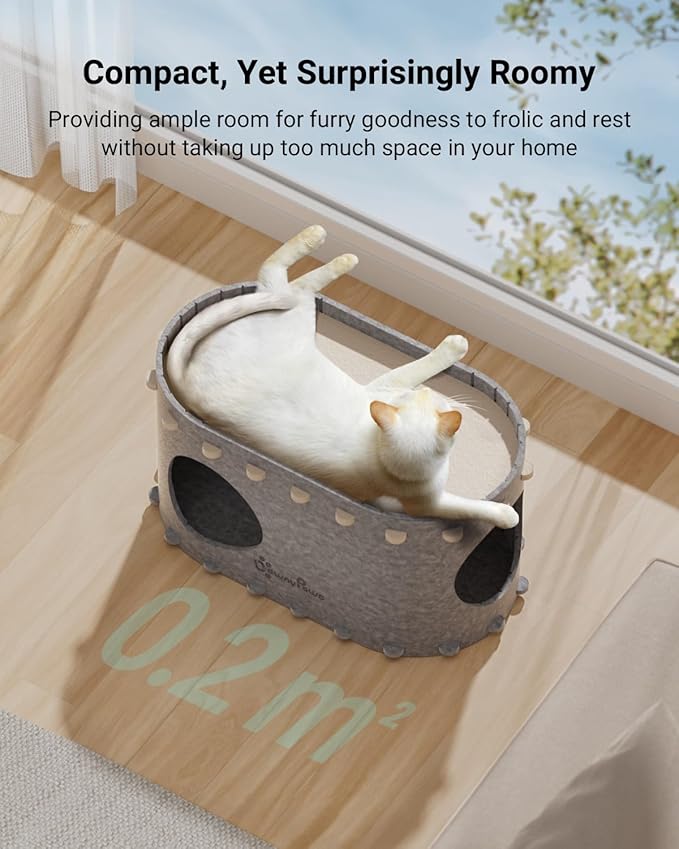 DownyPaws Cat House for Indoor Cats, Cat Bed Cave for Multiple & Large Cats Up to 22 Lbs, Scratch Resistant, Foldable Peekaboo Kitten Caves Tunnel Enclosed Bed, PeekaPurr, Light Gray