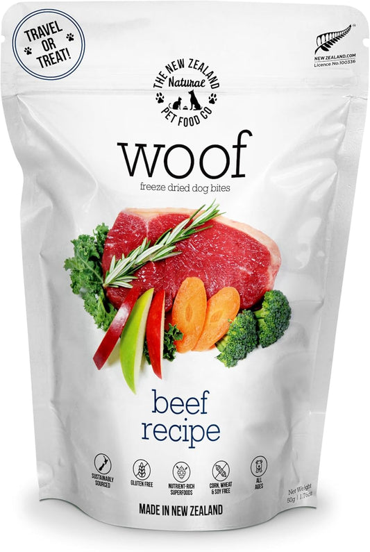 The New Zealand Natural Pet Food Co Woof Freeze Dried Dog Food - Beef Recipe, High Protein, Dog Food Topper & Dog Treats, All Life Stages, 1.76 oz