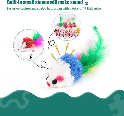 FYNIGO Cat Mouse Toys 17 Value Pack - Catnip Interactive Mice Toys with Feather Tails for Indoor Cats & Kittens - Realistic Plush Hunting Rattle Toys Set