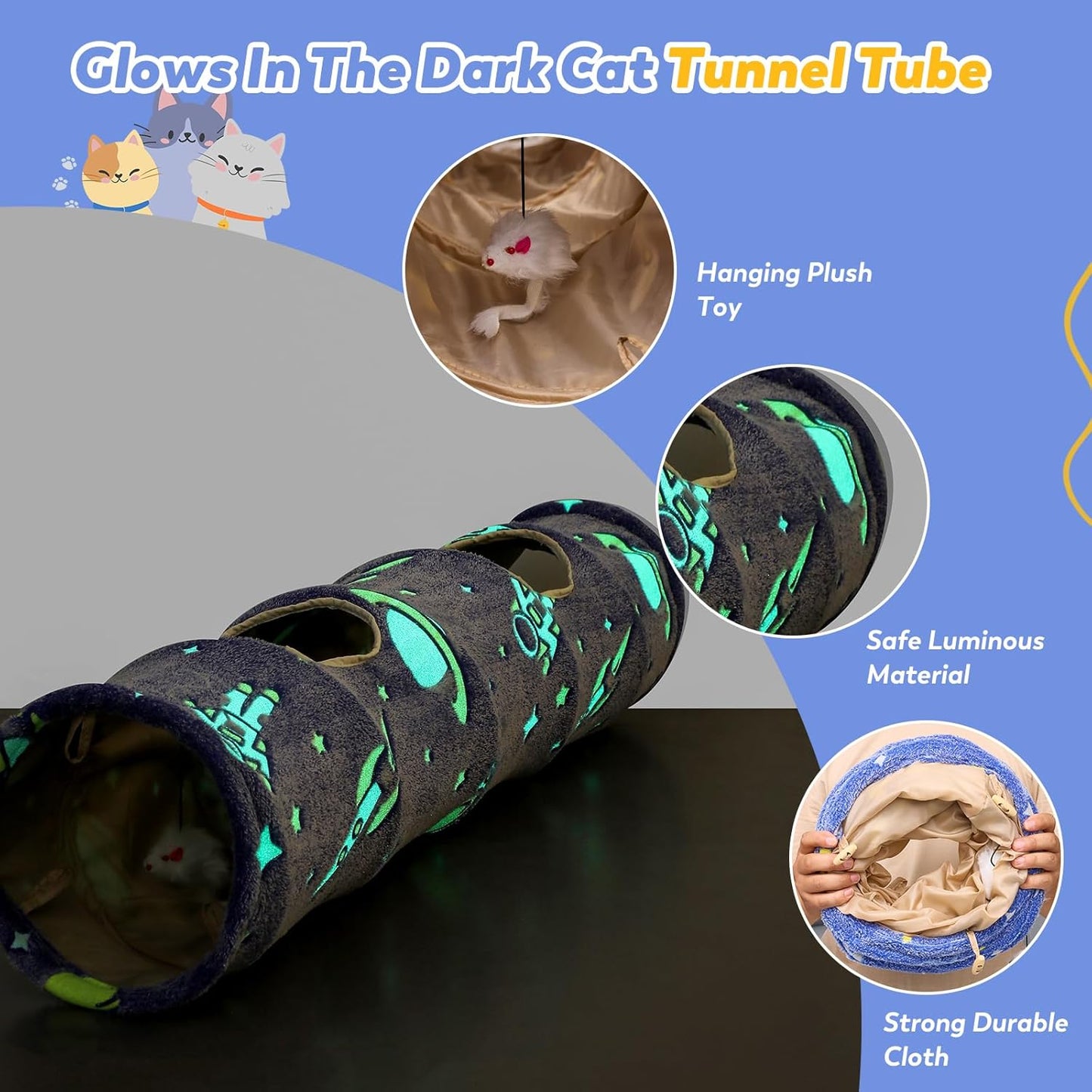 Glowing Astronaut Pattern Cat Tunnel - Collapsible with Plush Balls, Ideal for Indoor Cats, Rabbits, Kittens, Ferrets & Puppies (Blue)