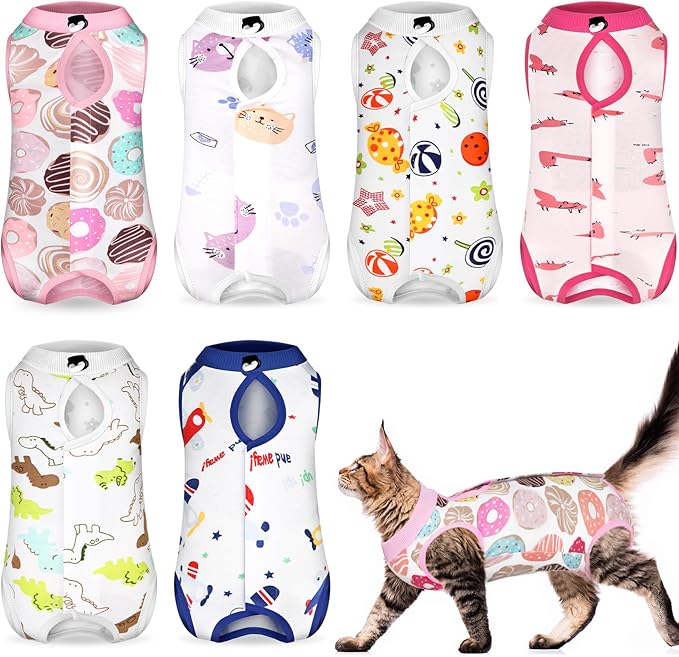 Kacctyen 6 Set Cat Recovery Suit After Surgery Female and Male Cat Kitten Surgery Suit E Collar Alternative Pajama Kitty Clothes for Spay Abdominal Skin Anti Licking(Animal,Small)