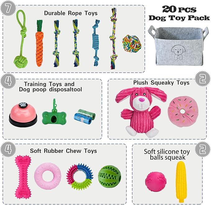 20Pcs Puppy Chew Toys for Teething, Dog Chew Rope Toys, Pet Dog Toothbrush, Treat Balls, Plush Squeaky Toy for Small Medium Dogs with Basket