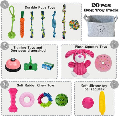 20Pcs Puppy Chew Toys for Teething, Dog Chew Rope Toys, Pet Dog Toothbrush, Treat Balls, Plush Squeaky Toy for Small Medium Dogs with Basket