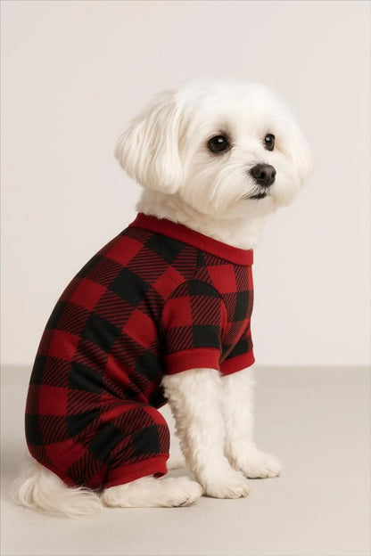 Red Plaid Christmas Clothes for Dogs Baffulo Pajamas Onesie PJS for Pet Back Length 12" Small