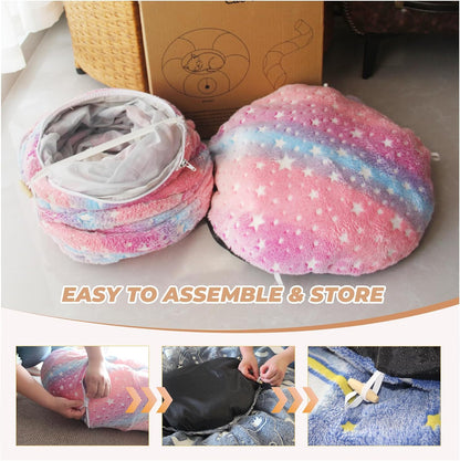Large Cat Tunnels Bed Tube for Indoor Cats Glows in The Dark Cat Tunnel with Cushion and Plush Ball Toy Longer Playground Toys for Dog Puppy Kitten Rabbit Bunnies Ferret Pet Rainbow