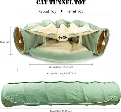 Cat Tunnel Bed, 2-in-1 Collapsible Cat Tunnel Tubes Toys with Removable Mat for Pet Cats Kittens Puppies Rabbits Bunnies Ferrets (Matcha)