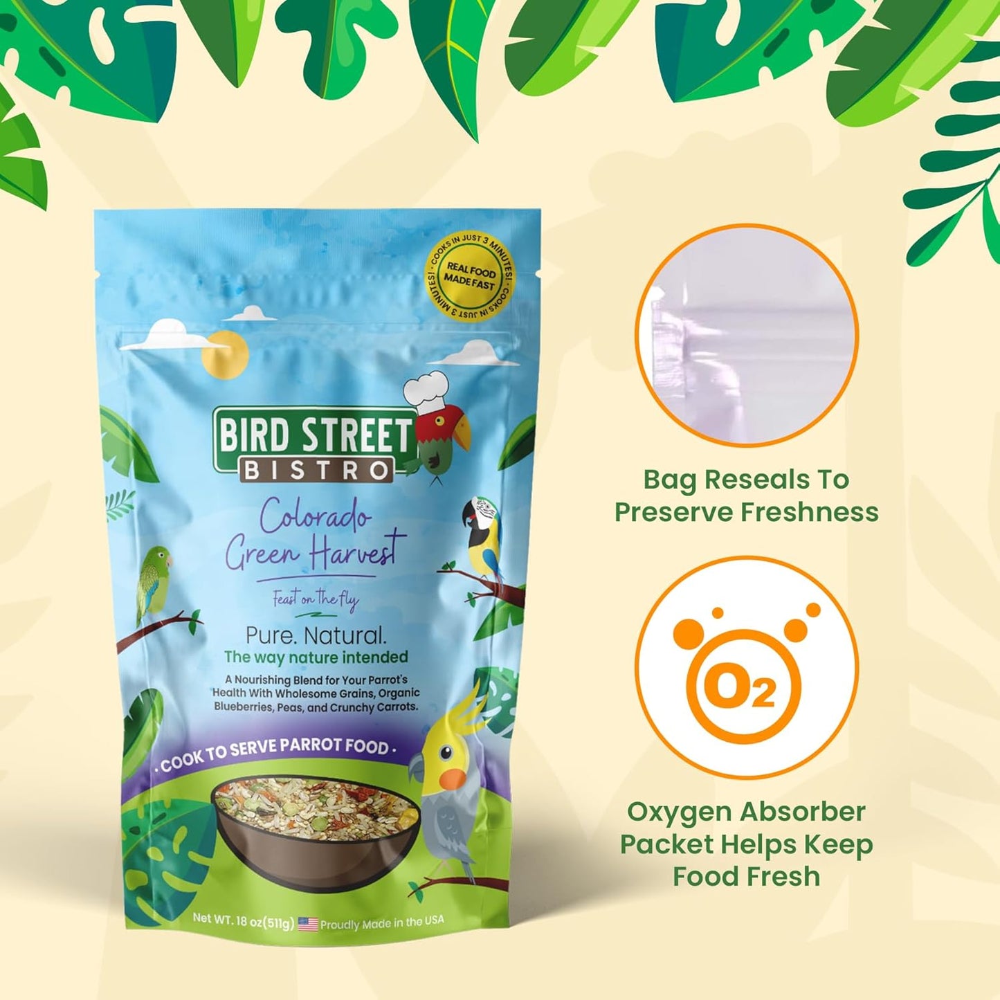 Bird Street Bistro Parrot Food for Parakeets & Cockatiels - Colorado Green Harvest - 18 oz - Cooks in 3-15 min, Natural & Organic Grains, Fruits & Vegetables - USA Made