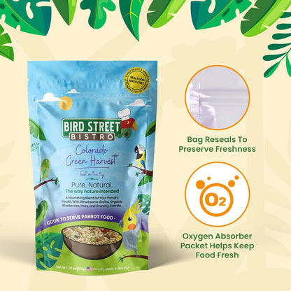 Bird Street Bistro Parrot Food for Parakeets & Cockatiels - Colorado Green Harvest - 18 oz - Cooks in 3-15 min, Natural & Organic Grains, Fruits & Vegetables - USA Made