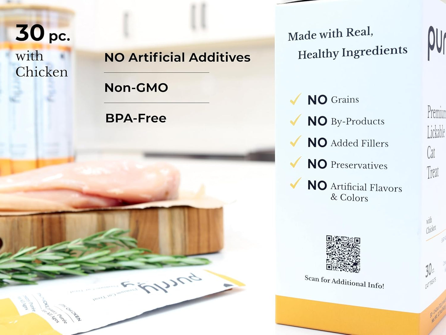 Purrly Lickable Wet Cat Treats Creamy Purée Human-Grade Chicken Breast with Prebiotic and Dietary Fiber for Digestive Health (30 Count) Non-Seafood Non-GMO No-Grains No-Artificial-Additives All Ages