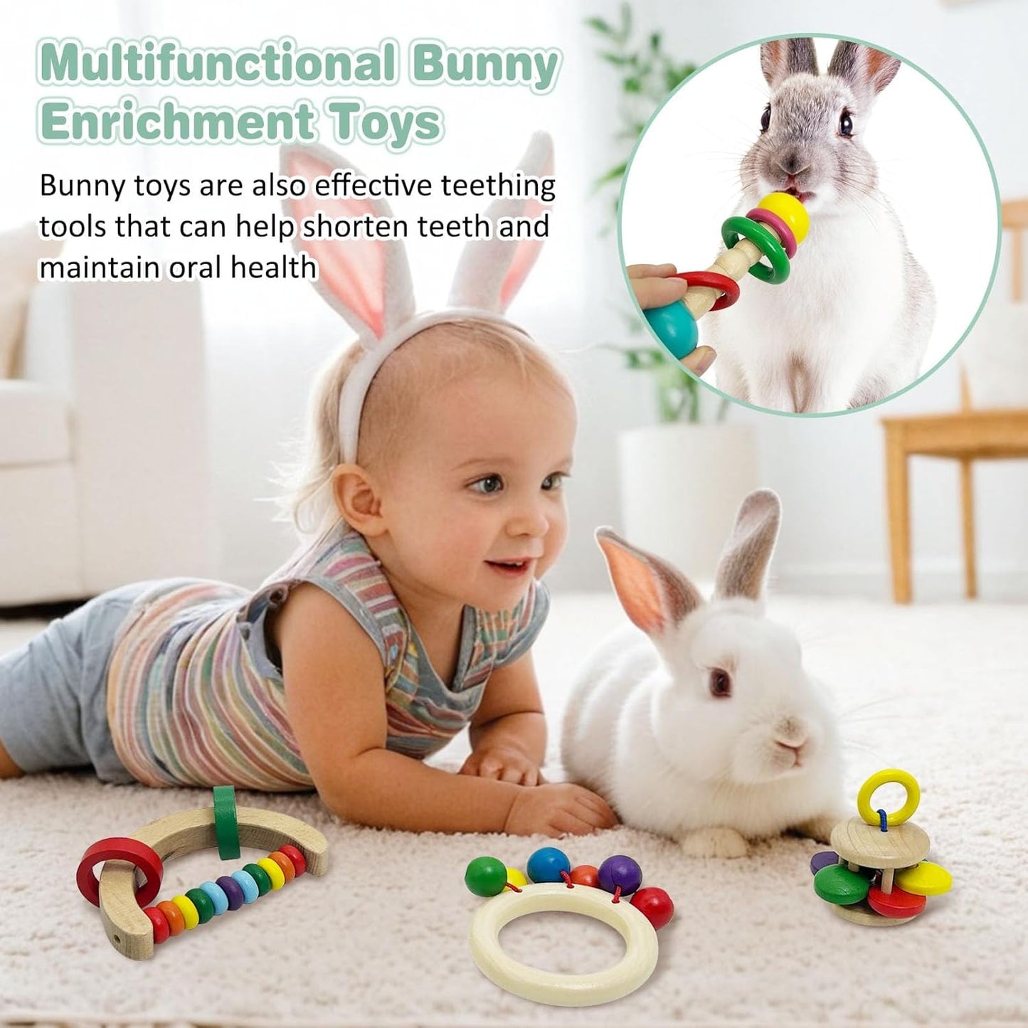 PINVNBY 4 PCS Wooden Rabbit Toys Interactive Bunny Toys Multi-Colored Guinea Pigs Toys Indoor Outdoor Playing Teeth Grinding Toys for Chinchillas Hamsters Rats and Other Small Animals