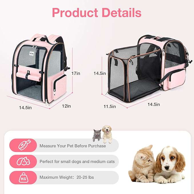 Lekebobor Large Cat Backpack Carrier Expandable Foldable Pet Carrier Backpack for Small Dogs Puppy Medium Cats Fit Up to 18 Lbs for Travel, Hiking,Pink