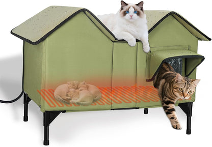 Extra Large Heated Cat House for Outside in Winter, Elevated Heated Outdoor Cat House Weatherproof with Heating pad, Insulated Outdoor Cat Shelter for Multiple Cats Small Dogs(Green)