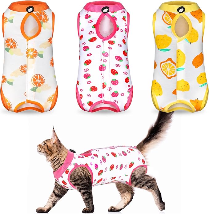 Nuanchu 3 Pieces Cat Recovery Suit Kitten Recovery Suit E-Collar Alternative for Cats and Dogs Abdominal Skin Anti Licking Pajama Clothes Sets(Small,Fruit Style,Colorful)