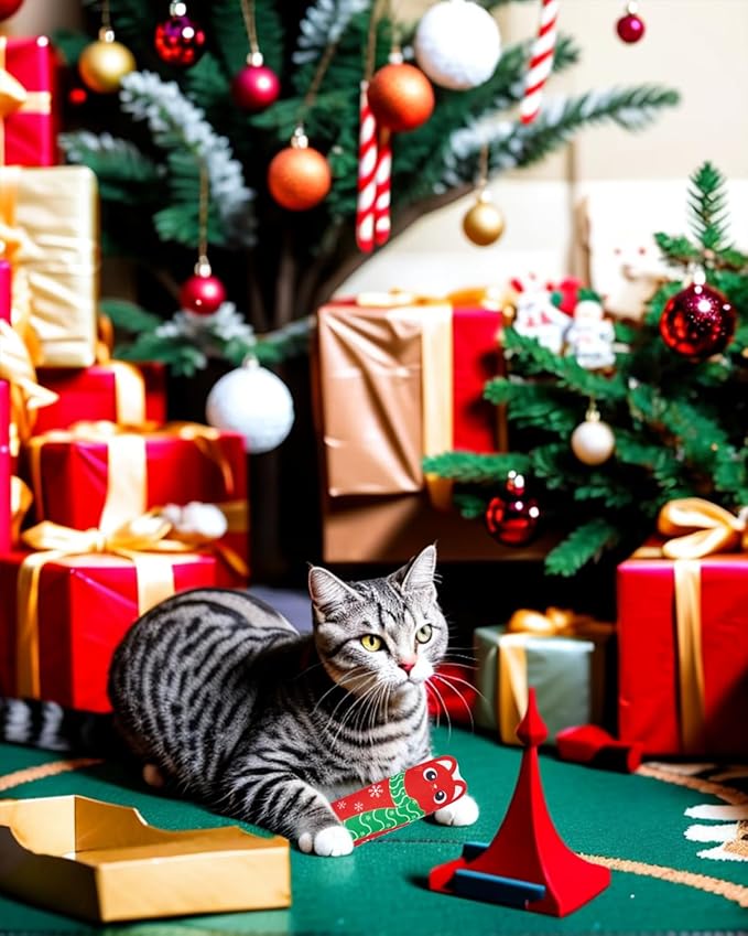 PET SHOW 8 Pack Christmas Cat Kicker Toys with Catnip Crinkle Sound Toys for Indoor Cats Xmas Santa Gift Patterns Plush Kittens Shape Natural Interactive Pet Kitty