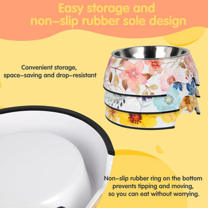 2 in 1 Food Water Bowls - Non Slip Skid Proof Heavy Duty Pet Bowls for Feeding Drinking Small Medium Large Dogs Cats Puppies (Pink Flower, L:28 OZ)