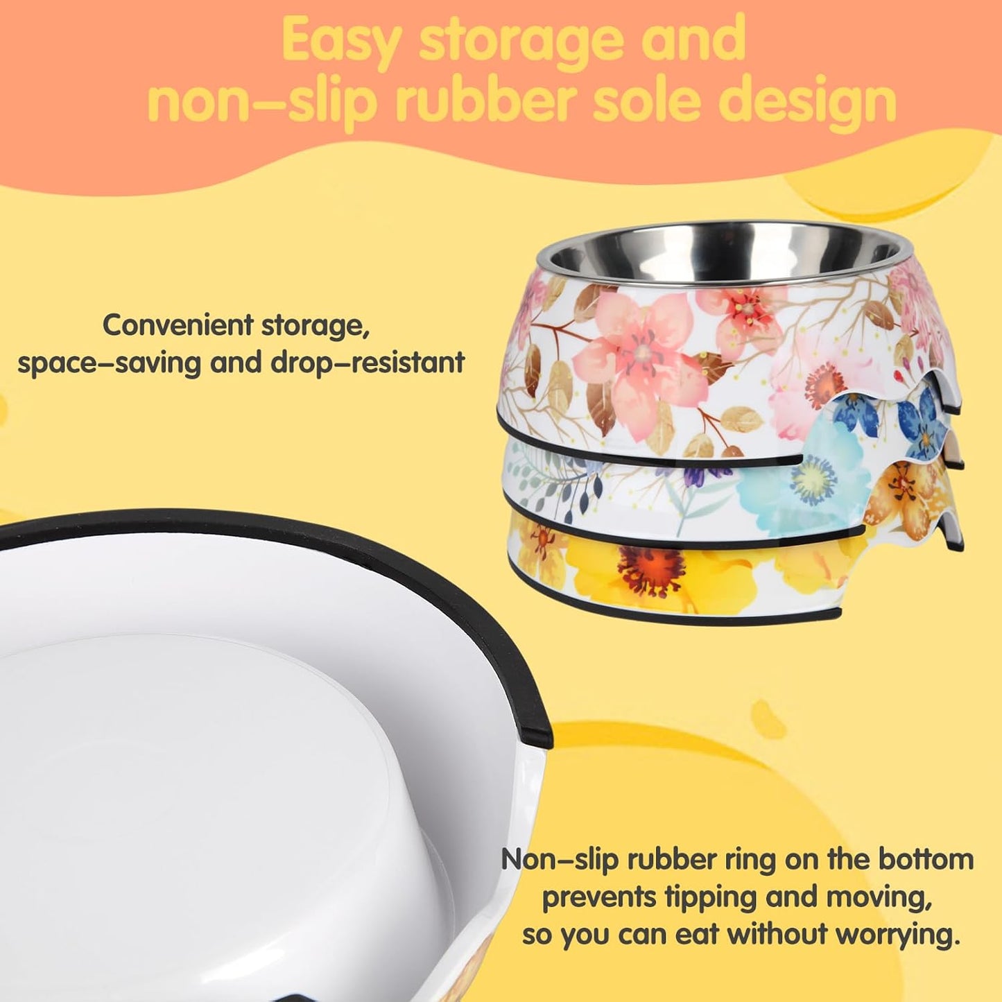 Pet Cats Dogs 2 in 1 Food Water Bowls - Non Slip Skid Proof Heavy Duty Pet Cats Dog Food Water Bowls for Feeding Drinking Small Medium Large Dogs Cats Puppies (Yellow Flower, S:7OZ)