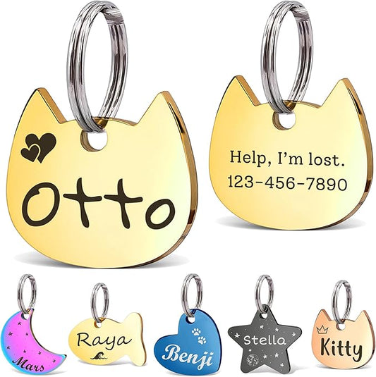 Anavia Small Size Dog Cat ID Tags, Small/XS Personalized Color Plated Stainless Steel Puppy Kitten Name Tags, Customized Engraved Nameplate Pet Collar Tag (Gold, Cat Head)