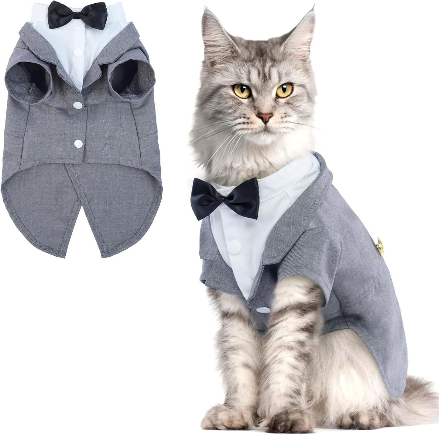 QBLEEV Cat Tuxedo Suit, Cat Halloween Costumes for Cats Only, Sphynx Cat Tuxedo Outfit Costume with Bow Tie, Kitten Formal Attire Wedding Birthday Onesie Clothes for Male Girl Hairless Cats
