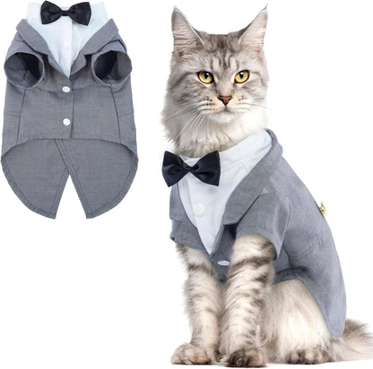 QBLEEV Cat Tuxedo Suit, Cat Halloween Costumes for Cats Only, Sphynx Cat Tuxedo Outfit Costume with Bow Tie, Kitten Formal Attire Wedding Birthday Onesie Clothes for Male Girl Hairless Cats