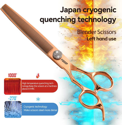 Lefty Thinning Shears for Dogs 66 Teeth 7.5'' Rose Gold Titanium Professional Blending Thinner Scissors for Dog Large Poodle Pet Japan 440C Sharp Left Handed(7.5,Thinner)